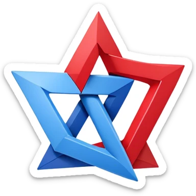 A logo or graphic design featuring two interconnected shapes. One shape is a red triangle on left, and the other is a blue square on right. Both are rendered in a 3D style, giving the impression of depth and overlapping planes. A center gray circular shape links the red triangle and blue square. The interlocking shapes form a design resembling the number 8 or an infinity symbol. The design is clean, simple, with bright colors of red and blue, and a neutral white background. sticker