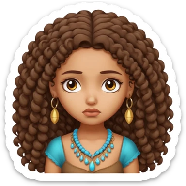 a tan pretty bratz indian girl with curly long brunette hair, looking sad sticker
