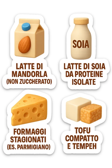 emoji stile iphone 3d di Latte e yogurt delattosati in italiano
Latte di mandorla (non zuccherato)
Latte di soia da proteine isolate
Formaggi stagionati (es. parmigiano)
Tofu compatto e tempeh
 che fluttuano in aria, iperealistico 4k sticker