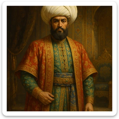 Seljuk Turkish emperor, historical costume, grand turban, luxurious fabrics, imperial presence, rich colors sticker