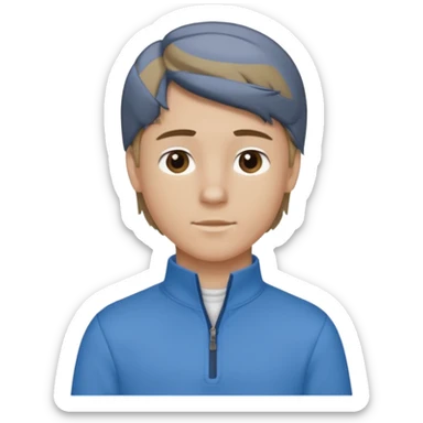 boy with dark blonde hair in a mullet to the front, with a neat blue shirt (not a t-shirt) and brown quarter zip sticker