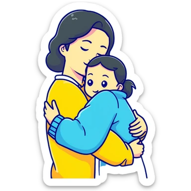 mother hugging daughter with pastel blue background and clothing sticker