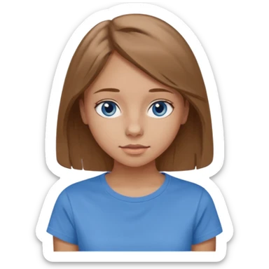 A 16-year-old girl with long, light brown hair and blue eyes. She also has slightly tanned skin, a small nose, and average-sized lips (though her lower lip is slightly larger than her upper lip). She's wearing a taupe T-shirt with a round neck.  sticker