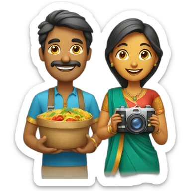 Indian man and woman with camera in one hand and food in other hand, happy smiling sticker