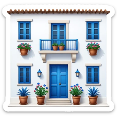 Andalusian-style Spanish house with white walls, blue accents, and flowerpots on windows sticker