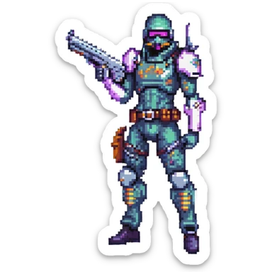 masked cyberpunk fighter from the 80s wielding an oldschool shotgun sticker