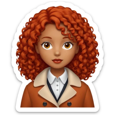 
Dark tanned girl with medium-length, curly, tomato-red hair, dark eyes, wearing a coat with a white collar. sticker