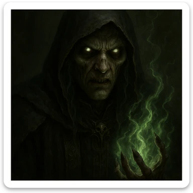 Make the magical character look even scarier, with haunting eyes, eerie spell effects, and a sinister expression, but keep the face clearly visible, in a realistic fantasy style. sticker