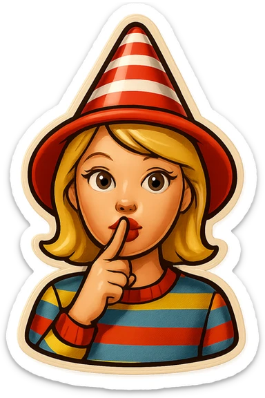 Add a finger in front of the pursed lips to clearly show the shushing gesture, keeping the striped party hat and festive vibe, no background. sticker