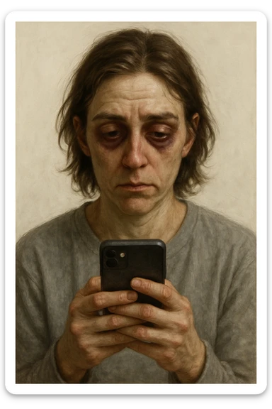 realistic style of a person with deep dark circles under eyes looking at their smartphone, light background sticker