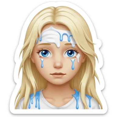 Blonde blue-eyed long hair girl emoji with white paint all over its face dripping  sticker