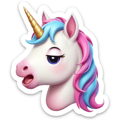 Cinematic Cute Yawning Unicorn Pony Portrait Emoji, Head tilted slightly with a dramatic, wide-open yawn, showcasing a petite, softly glowing form with a gently drooping mane, a subtle, shimmering horn and sleepy, half-closed eyes, Simplified yet irresistibly adorable features, highly detailed, glowing with a soft, cozy pastel glow, high shine, relaxed yet expressive, stylized with a dash of whimsical enchantment, soft glowing outline, capturing the essence of a drowsy yet affectionate unicorn pony that appears ready to stretch and yawn its way off the screen! sticker