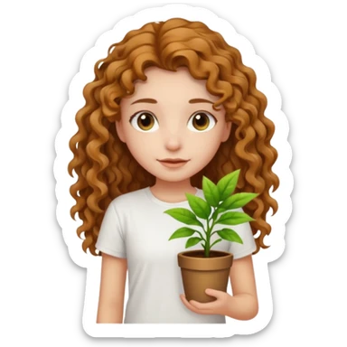 Girl with long light brown light curly hair and white t-shirt with plant sticker