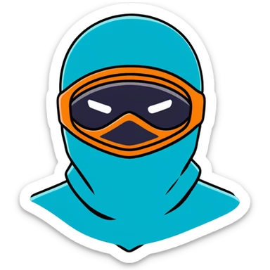 teal and orange ski mask with loving face sticker