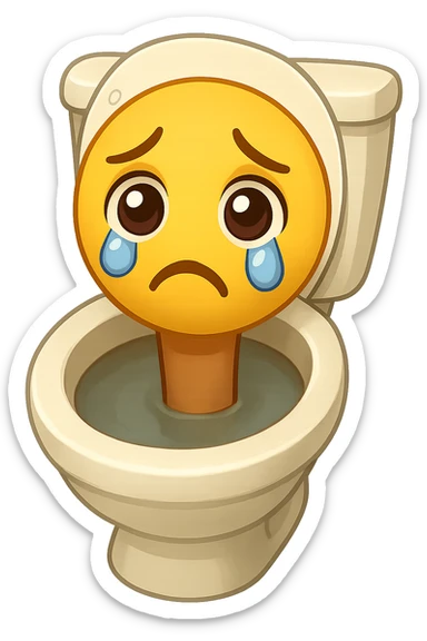 Edit the image so the head emerging from the toilet has a sad expression with teary eyes and a downturned mouth in emoji style. Keep the background transparent. sticker