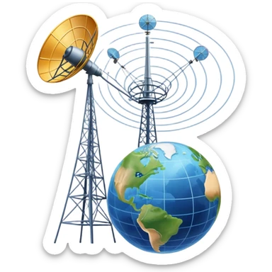 An icon featuring a satellite dish, cell tower with signal waves, and an earth, connected by lines, symbolizing telecommunications. The design includes data signals, network nodes, and a mobile device, representing global digital communication. Transparent background sticker