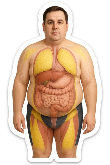 an adult man with a visibly overweight physique stands in a clinical setting. Semi-transparent overlays highlight areas of fat accumulation, especially around the abdomen, chest, and thighs. The fat tissue is shown in yellow, contrasting with underlying muscles and organs. The background is clean and modern, emphasizing the educational aspect. senza scritte sticker