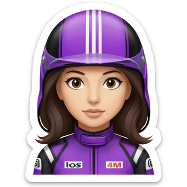 brunette long hair woman with black racing outfit with purple strips sticker