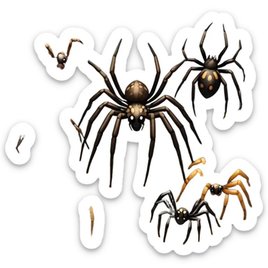 Collage of various spiders, including tarantulas and other exotic species, inside a  terrarium with webs and natural décor. Close-up shots of their intricate legs, eyes, and fuzzy bodies. Soft lighting, transparent background. sticker
