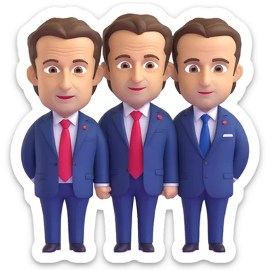 3D chibi caricature of Nicolas Sarkozy and Emmanuel Macron, standing together, oversized heads, small realistic bodies, navy suits, Sarkozy with blue tie, Macron with red tie, realistic faces, soft lighting sticker