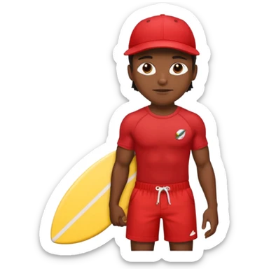 Dark, muscular surfer wearing red shorts and a baseball cap Hawaii sticker
