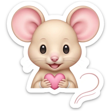 baby cream cartoon mouse with large, round, pink-lined ears. The mouse has heart eyes, a small open mouth, conveying a feeling of love, adoration, or strong affection. sticker
