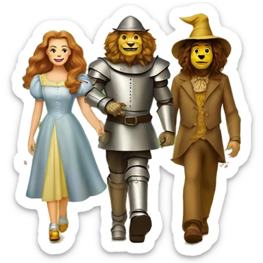 Dorthy, cowardly lion, tin man, and scarecrow walking down the yellow brick road sticker