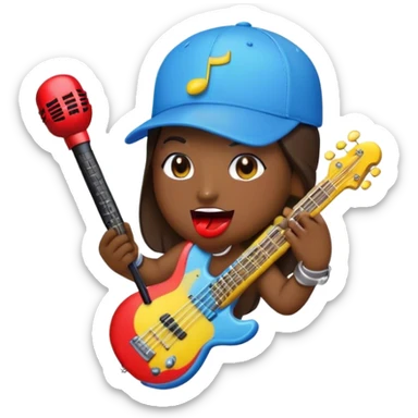 Create a dynamic and fun emoji that represents beatboxing. The design should feature a microphone with a cap placed on top, with large lips peeking out from underneath. From the lips, bass clefs and various musical instruments (like a guitar, drumstick, and keyboard) should be flying out, symbolizing the diversity and rhythm of beatboxing. Use vibrant colors like neon blue, red, and yellow to convey the energy and creativity of this vocal art form. The background should be transparent. sticker