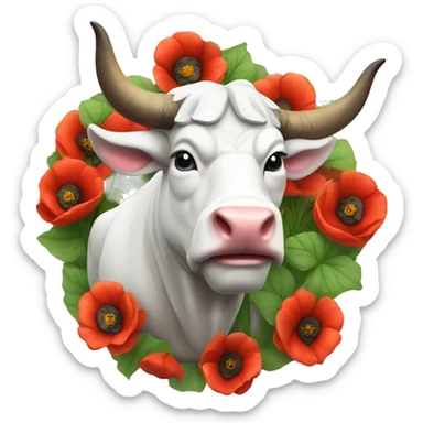 Realistic White Stone Bull with multicolor poppies on the horns sticker