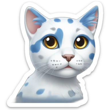spotted blue and white cat with a blue right ear, and a spot around the right eye sticker