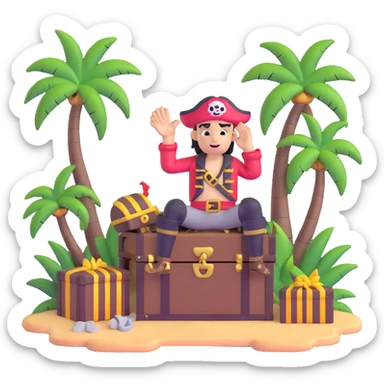 kid pirate with hand on forehead looking for something, one foot on treasure chest, palm trees in background sticker