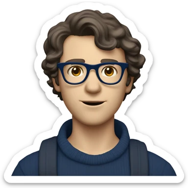 caucasian white boy with dark wavy  hair, blue glasses, and carrying design paper plan because he is an architect carrying a pencil and a set model maquette. wearing a navy blue long sleeve sweater shirt. smart.  sticker
