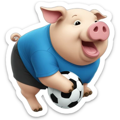 Fat pig with blue shirt kicking a soccer ball sticker