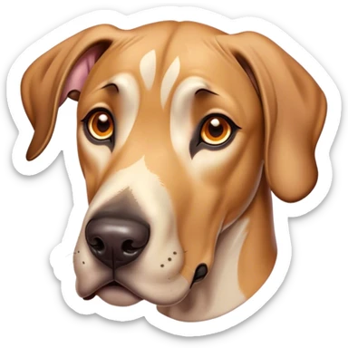 Cinematic Cute Fawn Great Dane Portrait Emoji, Head tilted playfully and inquisitively, showcasing a glossy fawn coat with a subtle luster, round, sparkling amber eyes filled with curiosity, Simplified yet irresistibly adorable features, highly detailed, glowing with a warm, friendly glow, high shine, affectionate and gentle, stylized with a touch of whimsy, bright and endearing, soft glowing outline, capturing the essence of a mischievous yet loving pup, so playful it feels like it could lumber out of the screen and into your arms! sticker