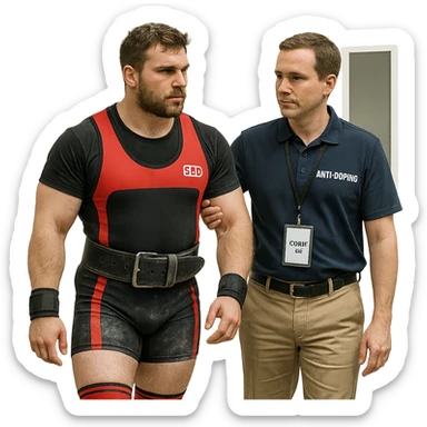 European powerlifter in competition clothing, escorted by anti-doping official to testing room, control atmosphere, realistic details, isolated on white background sticker