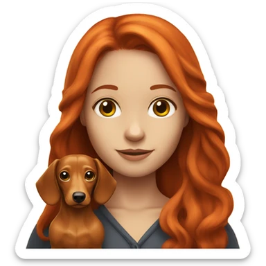 A girl with long red hair holding a yellow long haired dachshund  sticker