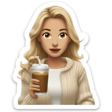 Waist up shot, Beautiful white woman mom, long light brown hair, brown eyes, cozy holding an iced coffee, white sweater sticker