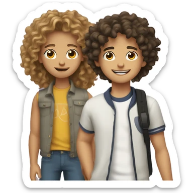 cartoon photo of both a mixed teen with curly hair and white teen boy with wavy hair ,  sticker