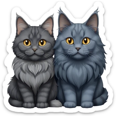 Portrait of a black smoke Maine Coon cat with long grey ear tufts, alongside a British Shorthair cat with a solid blue coat. Both cats with detailed fur textures and playful expressions. Soft, elegant background with warm, natural tones. Transparent background. sticker