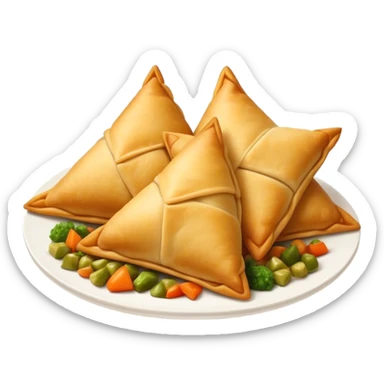 Cinematic Realistic Samosas Dish Emoji, depicted as golden, crispy pastry pockets filled with spiced vegetables rendered with detailed textures and appetizing lighting. sticker