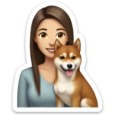 beautiful woman, straight long brown hair by, brown eyes smiling with dog Shiba Inu sticker