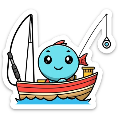 A cartoon fishing boat with a friendly face and tiny fishing rod sticker