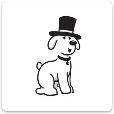 a dog in the style of Stick Dog from Tom Watson's Stick Dog books, simple stick-figure drawing, wearing a top hat sticker