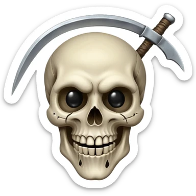 A laughing skull with a scythe crossed behind it, one eye socket winking. Clean, stylized lines, flat vector. Medieval woodcut style. Black and white with one accent color (tarnished silver). No background. sticker