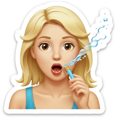blond woman biting a skin-tone stick, water jet shooting from the stick into her mouth, surprised look sticker