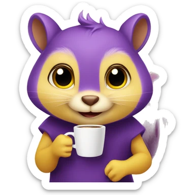 purple squirrel in a yellow dress with a mug of coffee in its paws sticker
