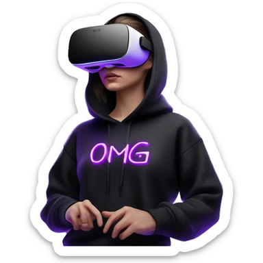 Russian girl wearing black hoody with violet letters "OMG", in vr headset oculus quest2. Standing like jedi. Cyberpunk style. Violet neon. sticker