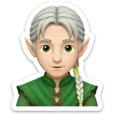 braid silver hair man elf, green cloth sticker