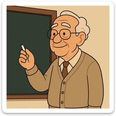 a senior teacher, 80 years old, with a kind face, chalk in hand, standing by a blackboard, cartoon style sticker