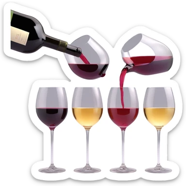 3D illustration style wine tasting scene, pouring wine into multiple wine glasses, wine bottles and glasses depicted with dimensionality, diverse wine colors visible, no background sticker